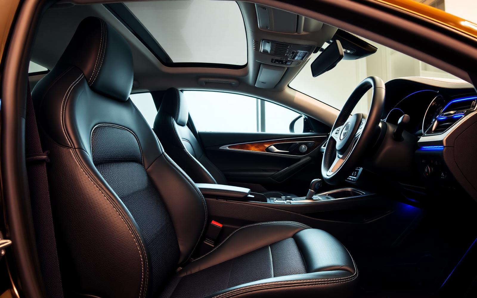 Freshly detailed black leather car interior with clean dashboard and console